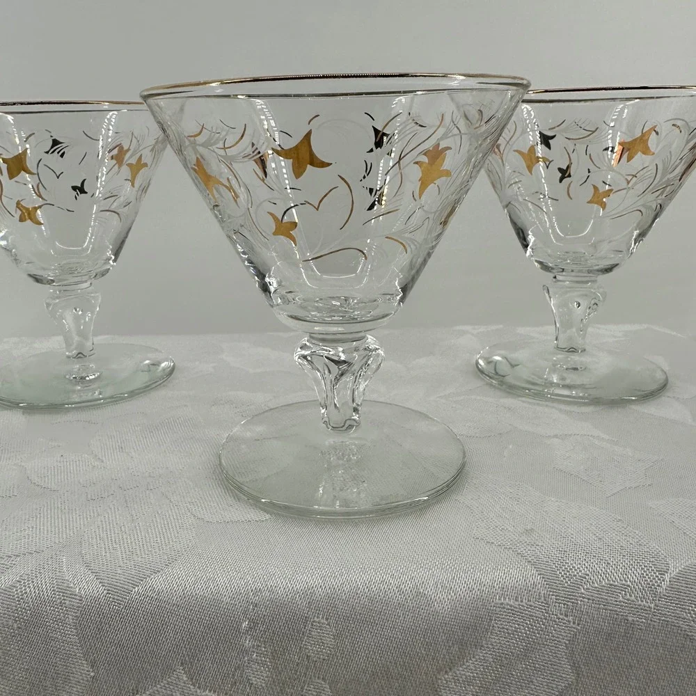 Vintage Royal Fern Martini Coupe Glasses Clear Gold Starburst Excellnt MCM Libby
